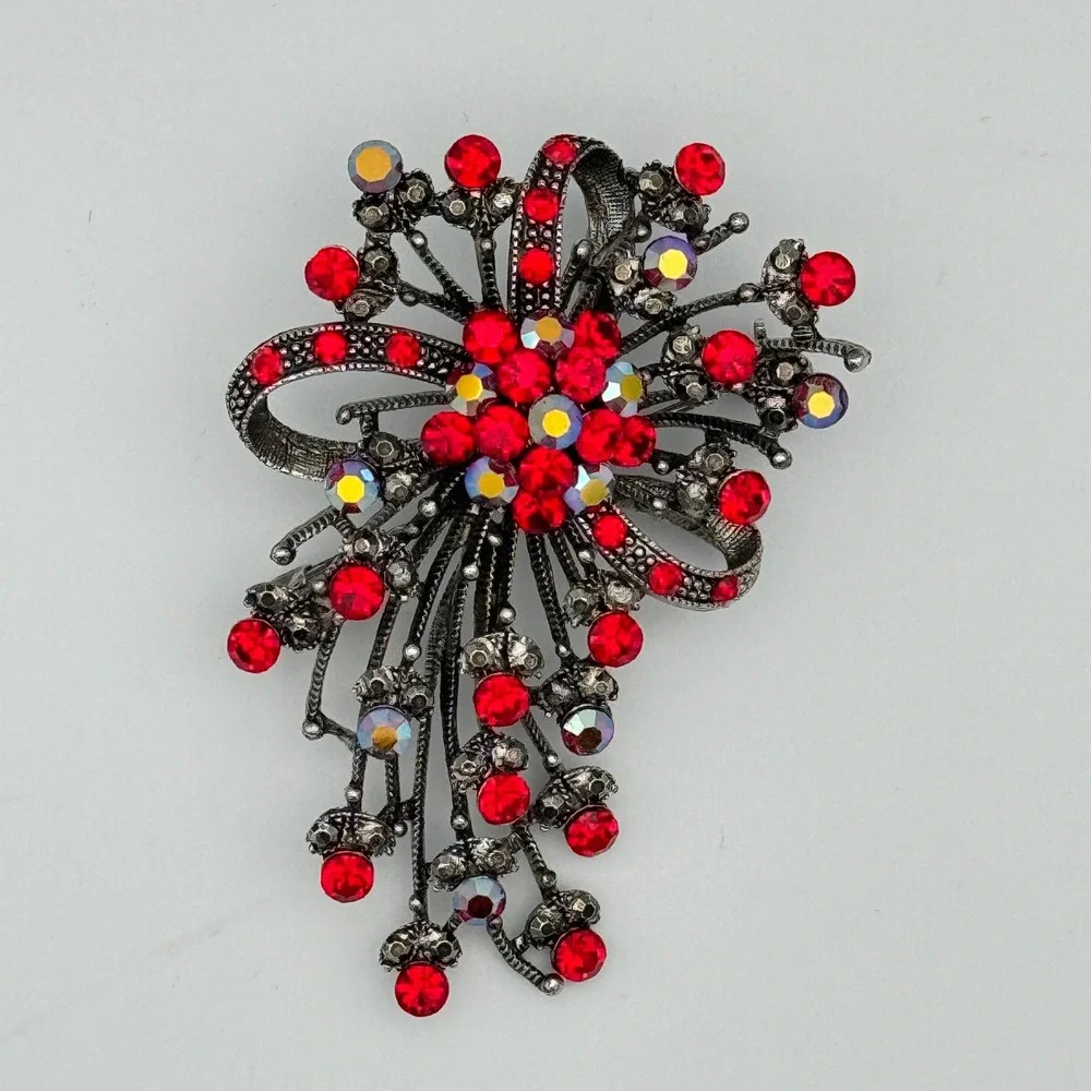 Vintage Red Crystal Aurora Borealis AB Rhinestone Bow Brooch Pin Sparkle 2.75 in